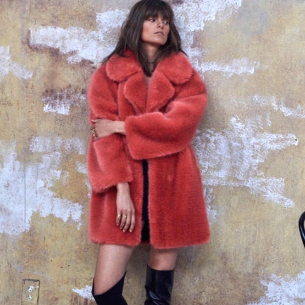 RARE HOUSE OF FLUFF Faux Fur Coat Bright Punch OS Mobwife Statement Festival